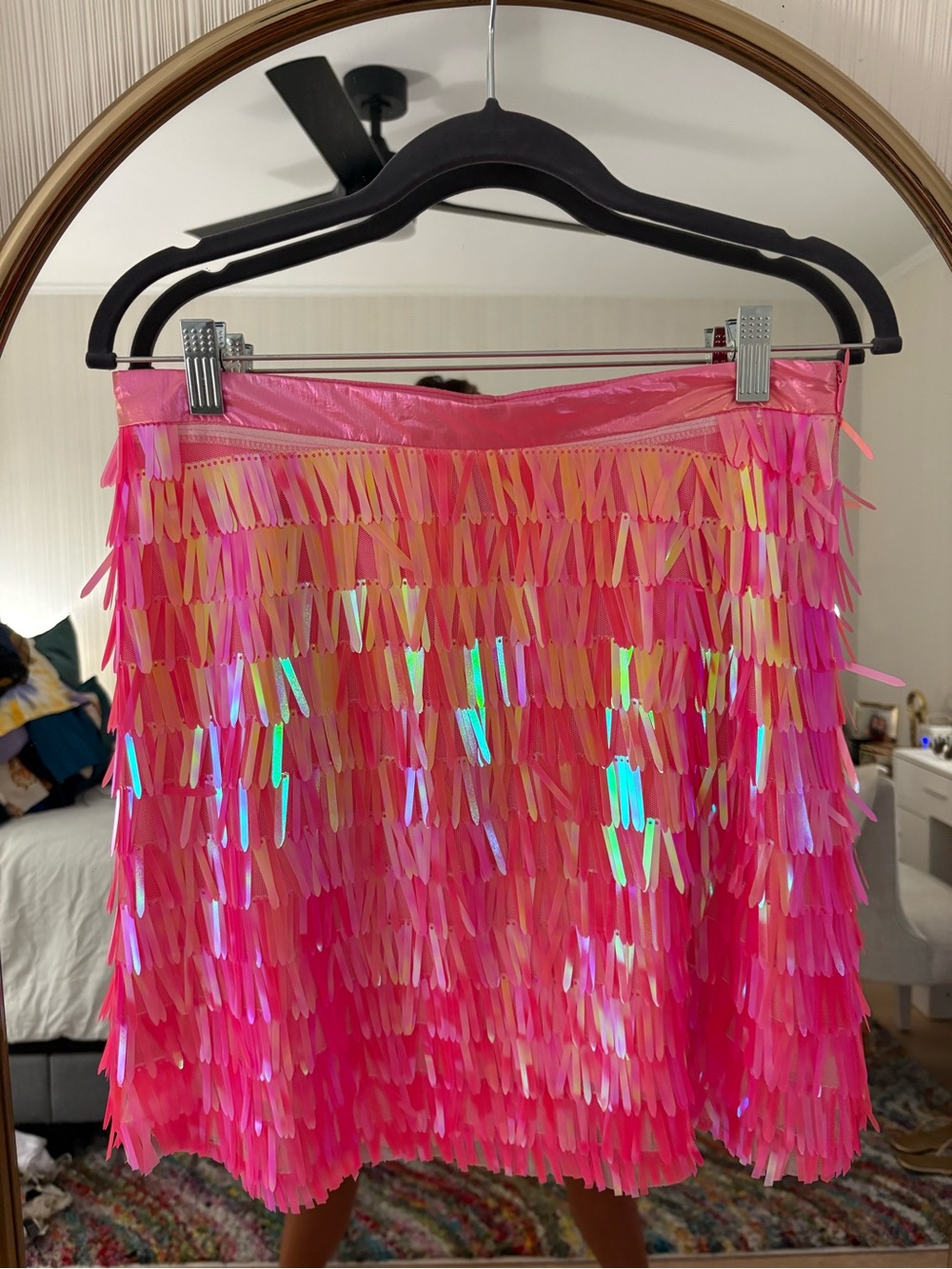 QUEEN OF SPARKLES Hot Pink Iridescent Fringe Mini Skirt
